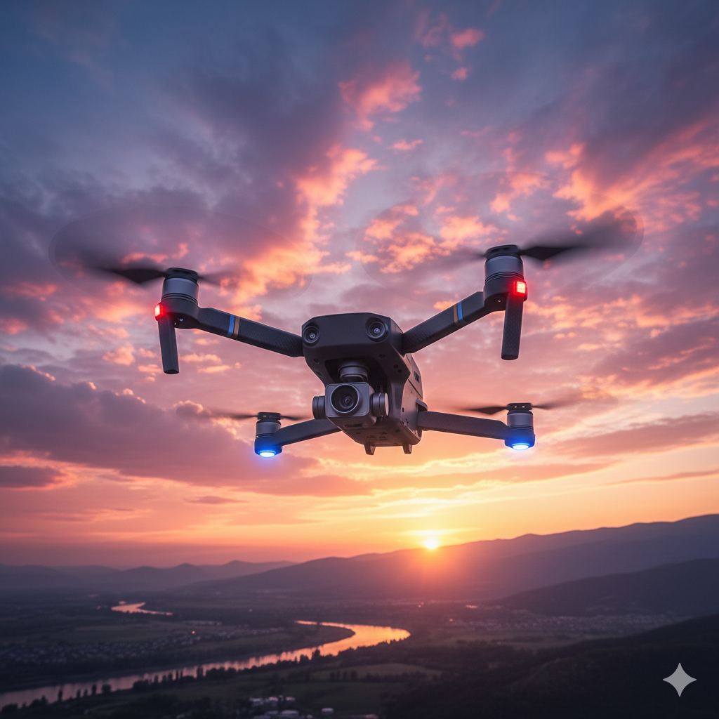 Cinematic quadcopter drone flying at sunset