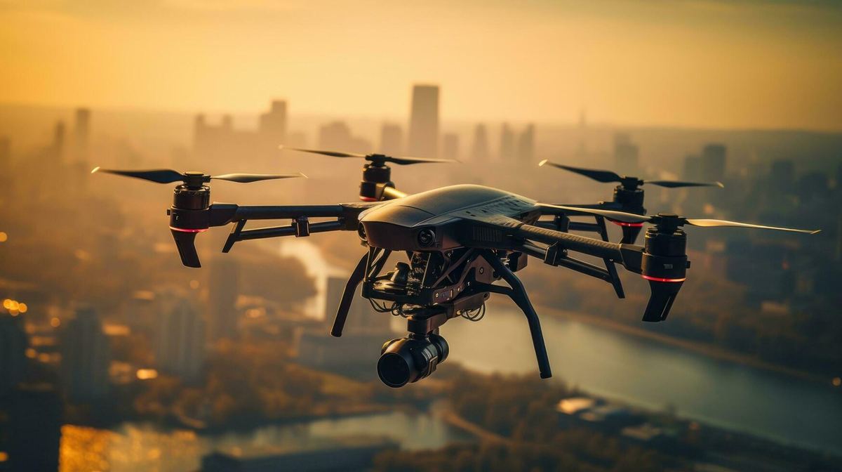 Commercial multirotor drone flying over a city