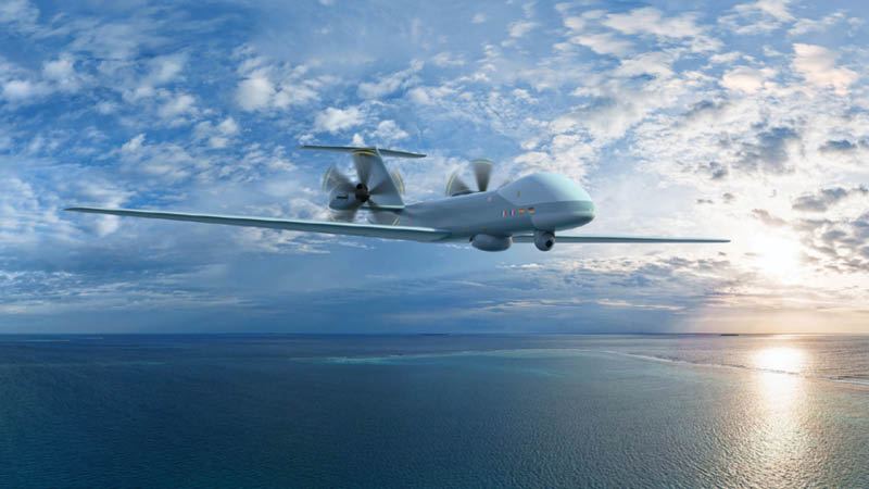 Maritime surveillance drone flying over ocean