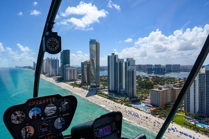 Helicopter flying over Miami coastline