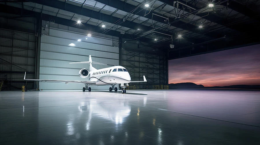 Private jet inside a clean aircraft hangar during evening and after-hours service