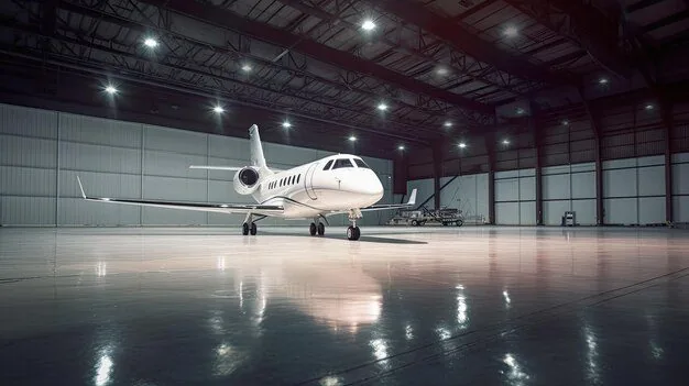 Clean reflective hangar floor with a private aircraft