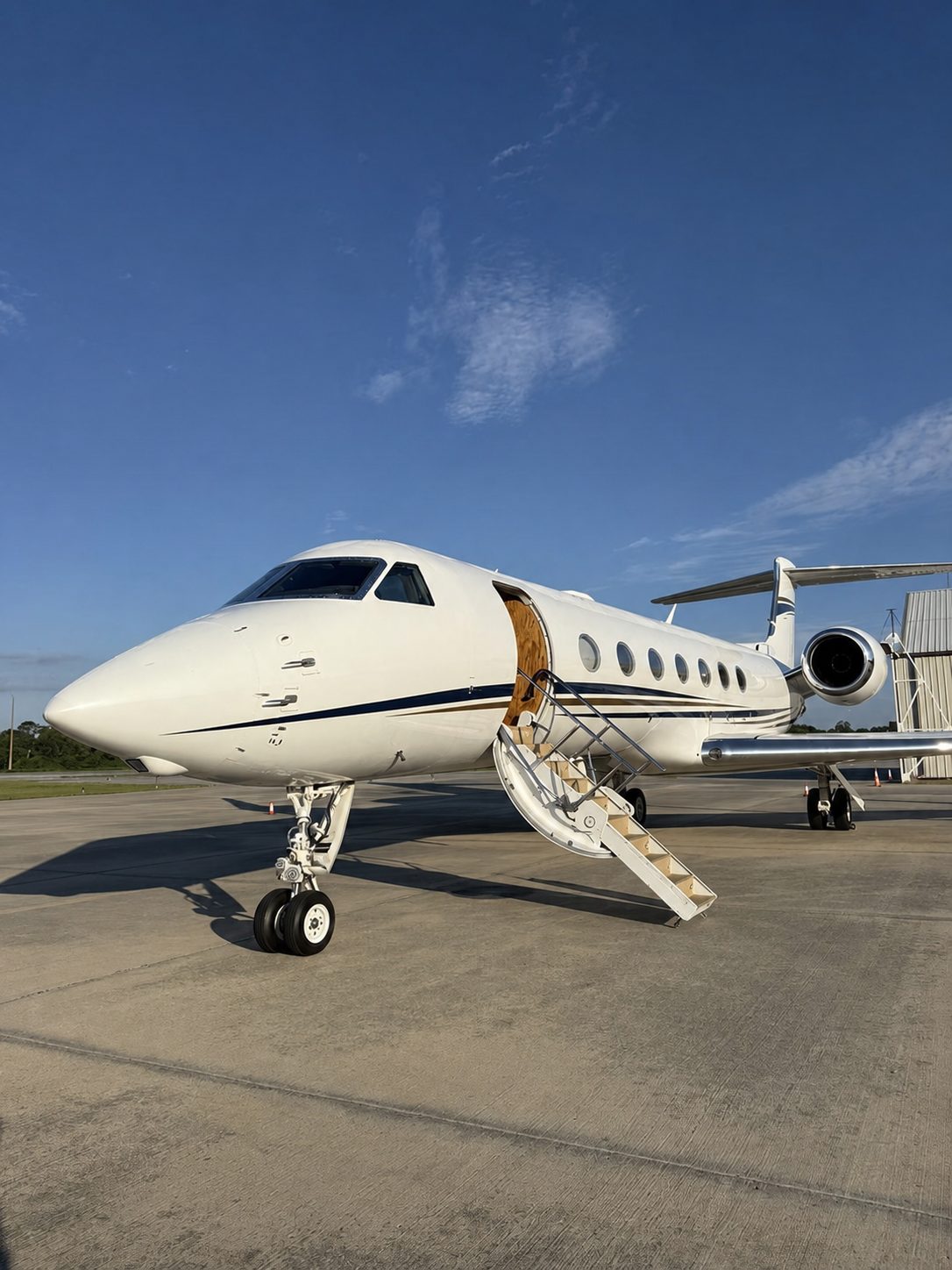 Gulfstream private jet detailing and exterior presentation on the ramp in South Florida