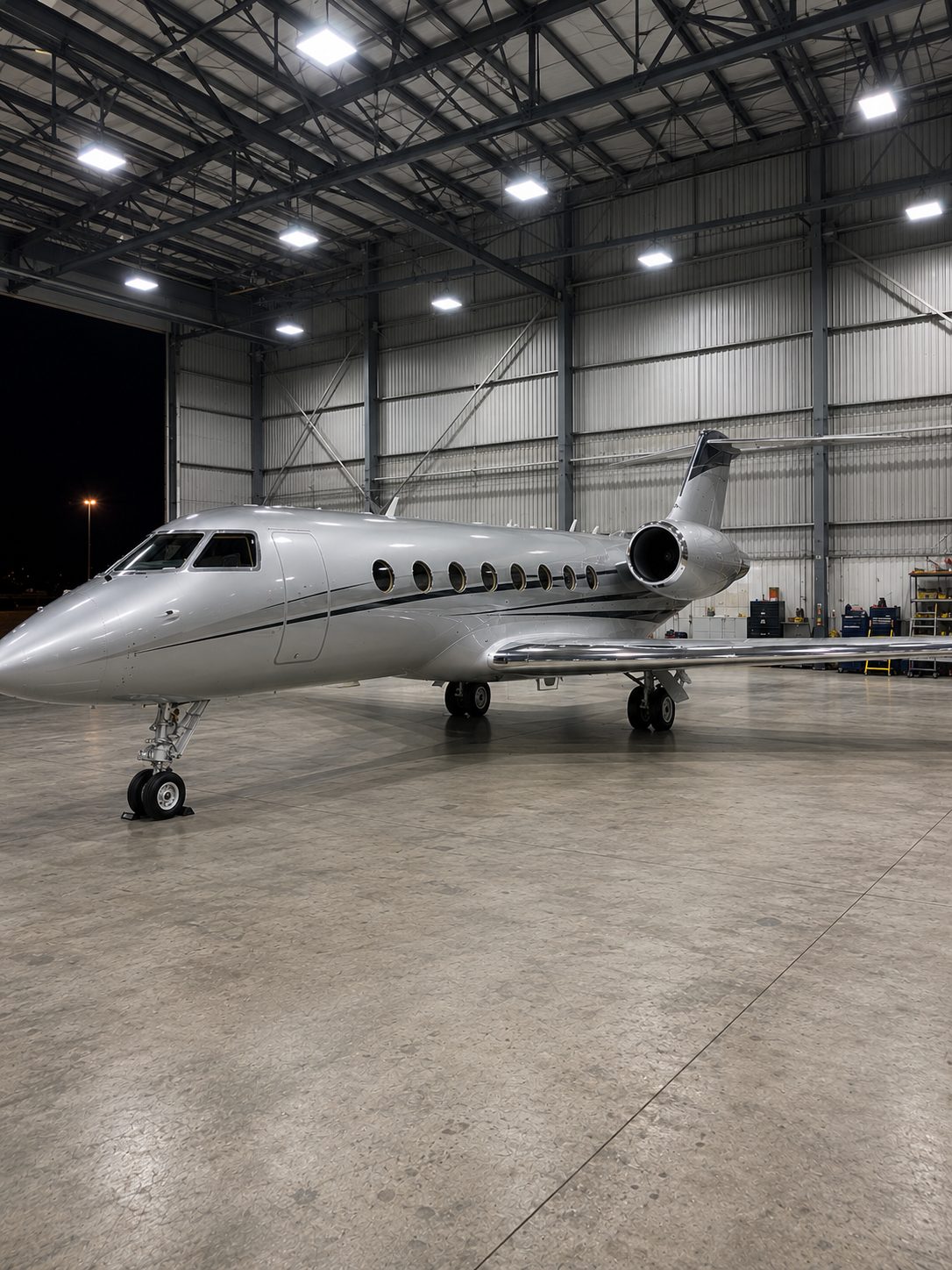 Aircraft brightwork polishing on a Gulfstream in a South Florida hangar