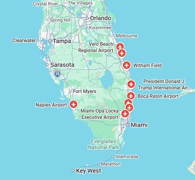 Map of South Florida showing Aquarius Lux priority airports: Vero Beach, Witham Field (Stuart), Palm Beach, Boca Raton, Fort Lauderdale, Opa-Locka (Miami), and Naples